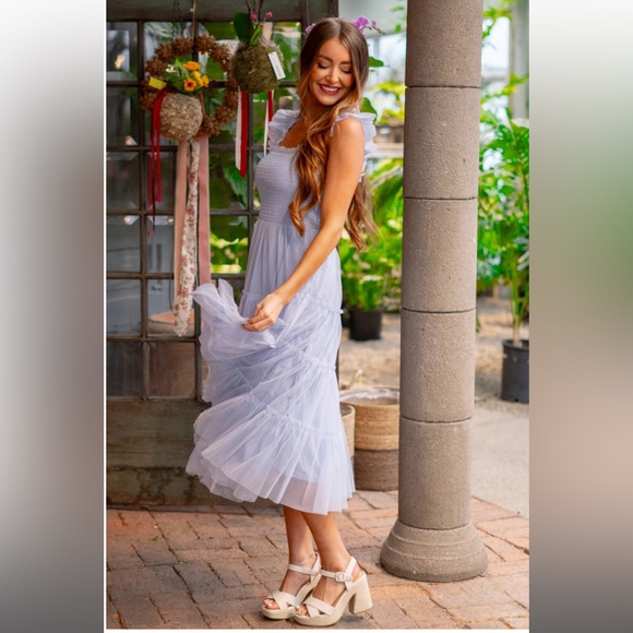 NWT Listicle Smocked Ruffle Tiered Mesh Midi Maxi Dress Size Large Retail $74 - Picture 13 of 16